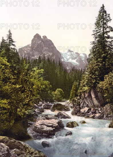 Rosenlaui, Brunnen und Wetterhorn, Bernese Oberland, Switzerland, Historic, digitally restored