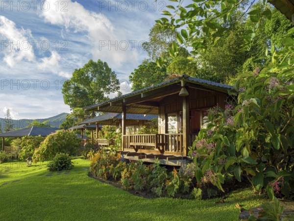 Wooden bungalows in a green garden, Tomohon, Manado, Sulawesi