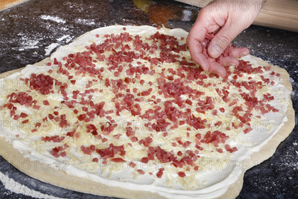 Swabian cuisine, preparation of savoury yeast plait with smoked meat, salty wreath bread, yeast