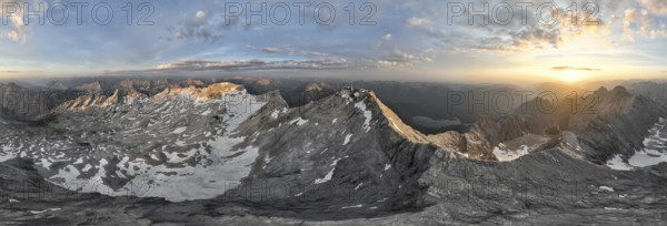 Sunrise, Alpine panorama, aerial view, Zugspitze and Zugspitzplatt with glacier, high mountains,