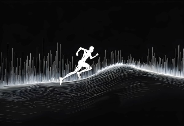 Wave of data points shaping into a runners silhouette, abstract illustration in black and white,
