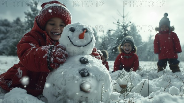 Happy children building A christmas snowman outside in the snow. generative AI., AI generated