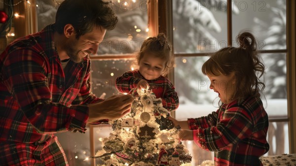 Happy young family wearing matching pajamas decorating the christmas tree together. generative AI.,