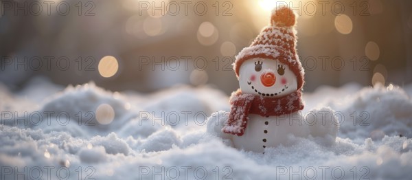 A cheerful christmas snowman in a winter snowy scene banner. generative AI., AI generated