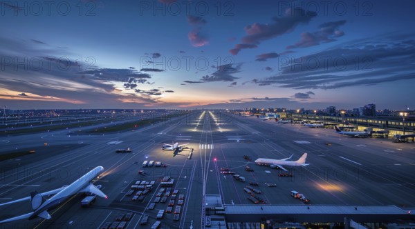 Aerial view international airport terminal, planes departing to multiple international locations.,