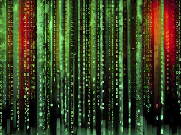 Binary code cascading down like digital rain, representing data insights, vibrant hues, AI