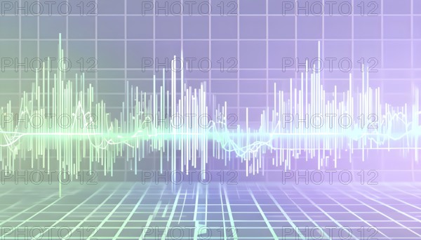 Glowing digital wave forms fluctuating in sync with a pulsating grid background, representing the