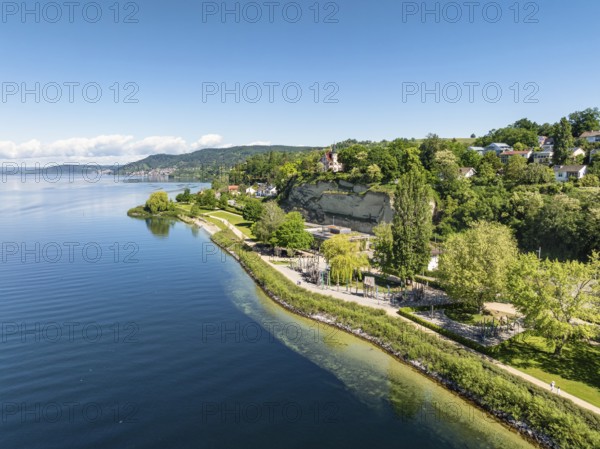 Aerial view of Lake Constance with the Landesgartenschaugelände and Uferpark, Goldbach, Überlingen,