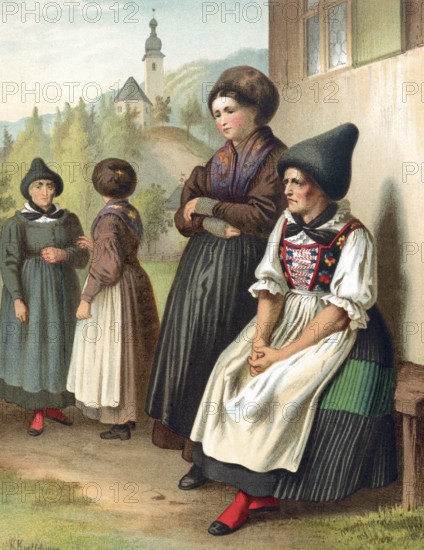 Traditional costumes in Germany around 1820, Tyrol, upper Inn valley, woman in traditional