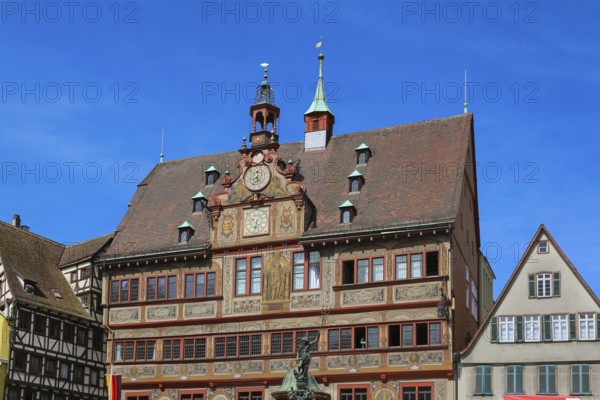 Tübingen town hall, friezes, sgraffito painting, paintings, facade painting, astronomical clock,