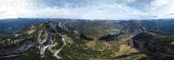Aerial view, Alpine panorama, Bavarian and Austrian Schinder, Tegernsee mountains in the Mangfall