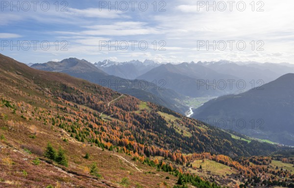View of the mountain panorama and the Upper Inn Valley in the morning light, Krahberg on the Venet