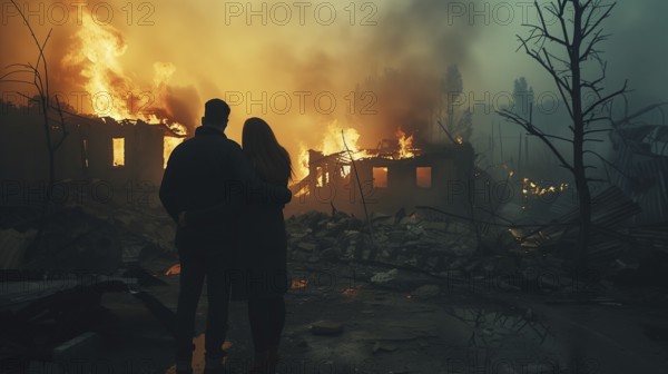 Couple embracing standing stunned gazing at the fire ruins of their home. generative AI, AI