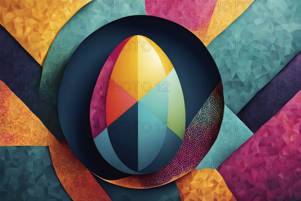 Abstract Easter egg design with geometric patterns, bold colors, and a mix of textures, creating a