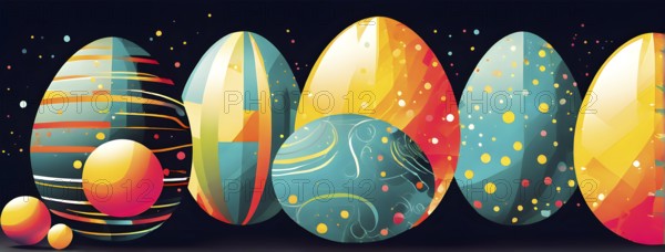 Abstract Easter egg design with geometric patterns, bold colors, and a mix of textures, creating a
