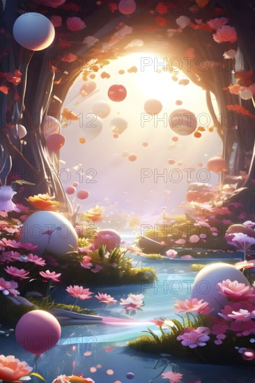 Surreal Easter scene with floating eggs, ribbons, and flowers in a dreamlike, whimsical composition