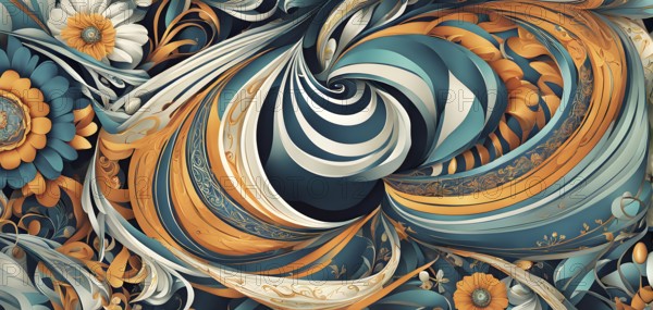 A whimsical abstract pattern with intertwined ribbons, eggs, and floral motifs, with a mix of sharp