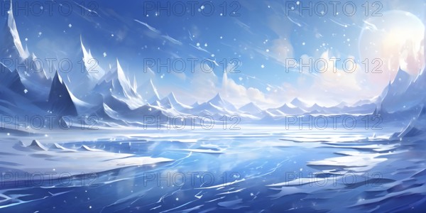 Abstract illustration of dreamy, icy landscape with swirling blues, whites, and silvers, evoking