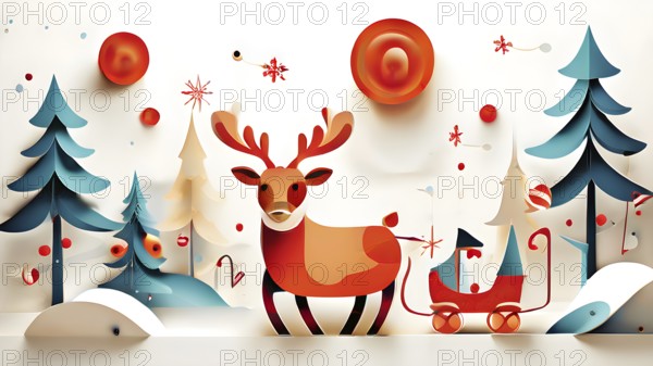 Whimsical abstract scene with stylized reindeer and sleighs to capture the magic of Christmas, AI