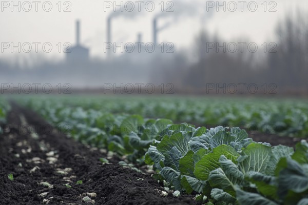 Agricultural field with growing cabbage and factory with grey fumes in blurry background.