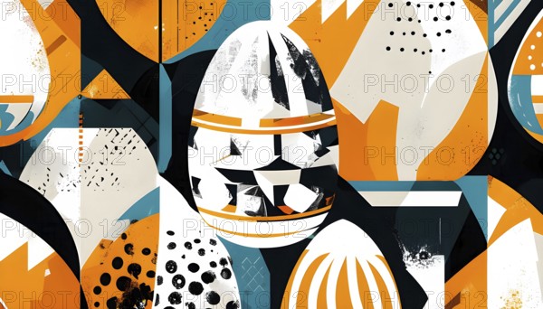 Illustration of an abstract Easter egg design with geometric patterns, bold colors, and a mix of