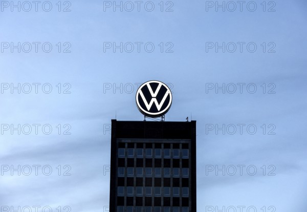 VW logo on the brand tower at the Group headquarters in Wolfsburg, 29/09/2024. The Volkswagen Group
