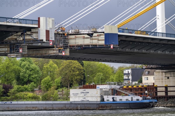 The new Rhine bridge Neuenkamp, the A40, white pillar ropes, and the old motorway bridge, which is