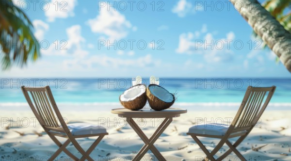 Beach scene with coconut, chairs and cocktail. Summer vacation and ocean in the background, AI