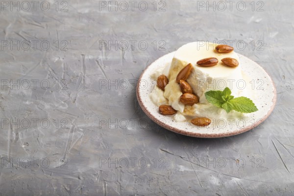 Ricotta cheese with honey and almonds on gray concrete background. side view, copy space