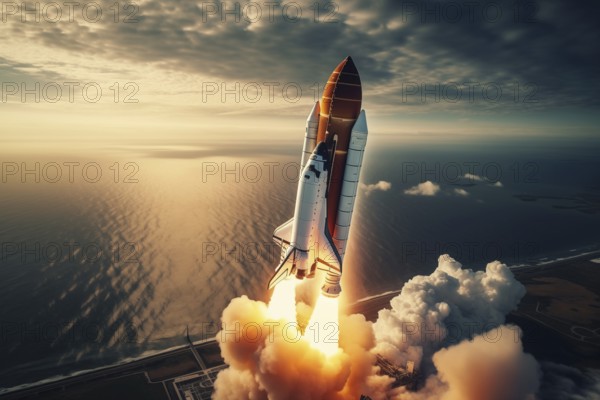 Aerial view of a rocket shuttle carrier launch at sunrise over an ocean coast. The rocket is