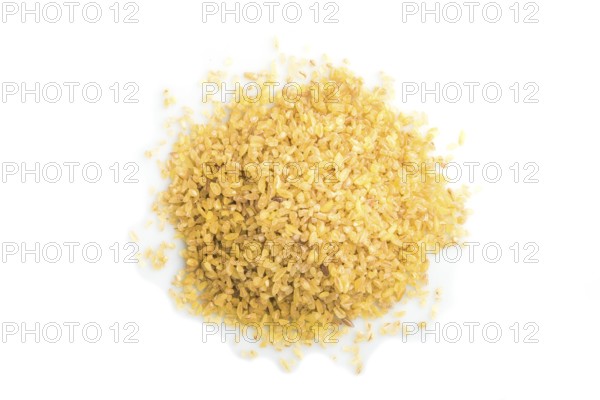Heap of bulgur isolated on white background. Top view, flat lay, close up, macro