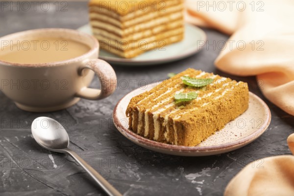 Homemade honey cake with milk cream and mint with cup of coffee on a black concrete background and