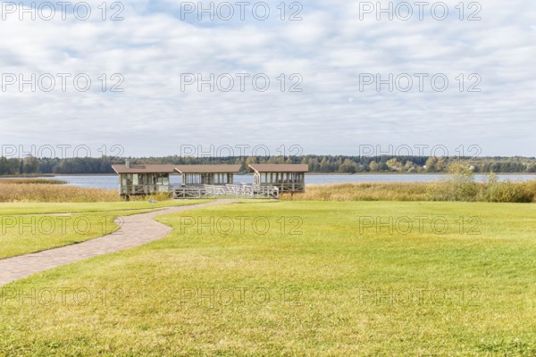 Modern gazebo near the lake with green lawn, tile path and landscape design with ornamental grasses