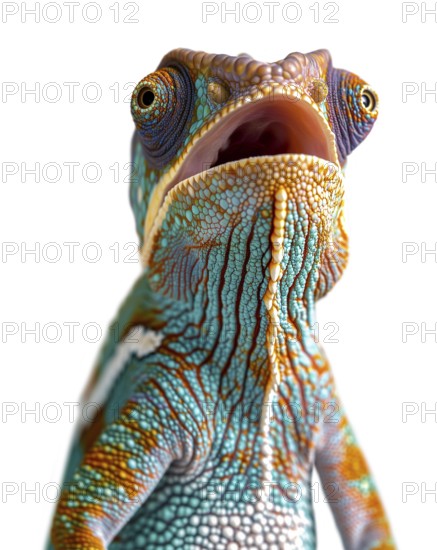 Beautiful expressive chameleon singing of talking isolated on a white background, AI generated