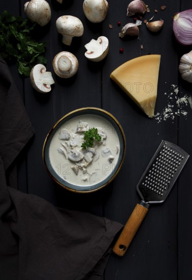 Cream sauce with mushrooms, top view, on a dark gray wooden table, horizontal, no people