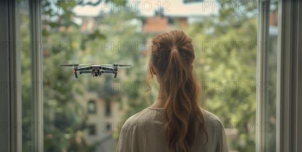 Woman seeing A UAV unmanned aircraft drone flying just outside the window of her house, AI