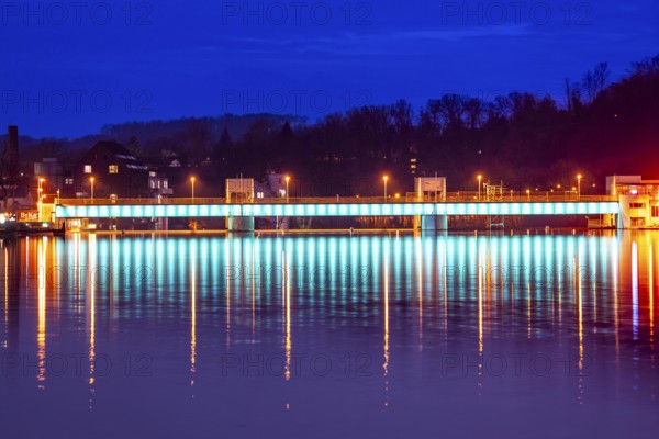 Lake Baldeney, illuminated weir, with lock, left and hydroelectric power plant power station,