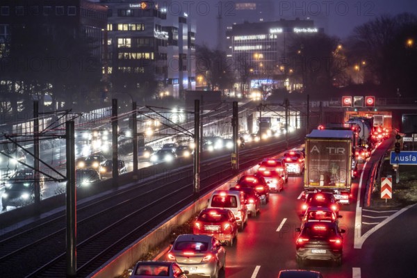 Traffic jam on the A40 motorway, Ruhrschnellweg, in Essen, in front of the Ruhrschnellweg tunnel,