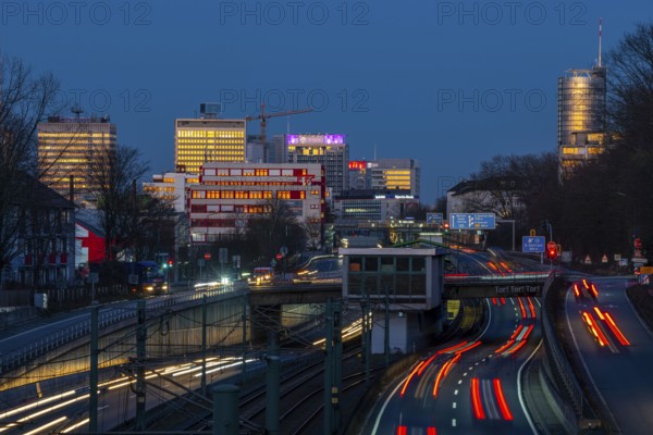 The skyline of Essen city centre, A40 motorway, Ruhr Expressway, North Rhine-Westphalia, Germany,