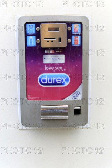 Wall mounted Durex condom 24 hour contraceptive machine, Caceres, Extremadura, Spain, Europe