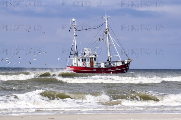 Fishing boat catching fish on the beach of Sueddorf, Amrum Island, 27/05/2021