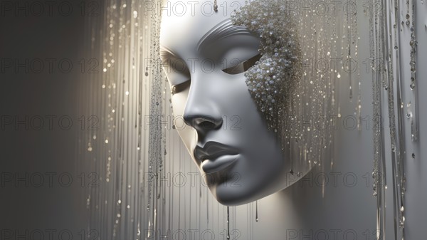 3d rendering of a mask adorned with tears suspended on a wall, AI generated