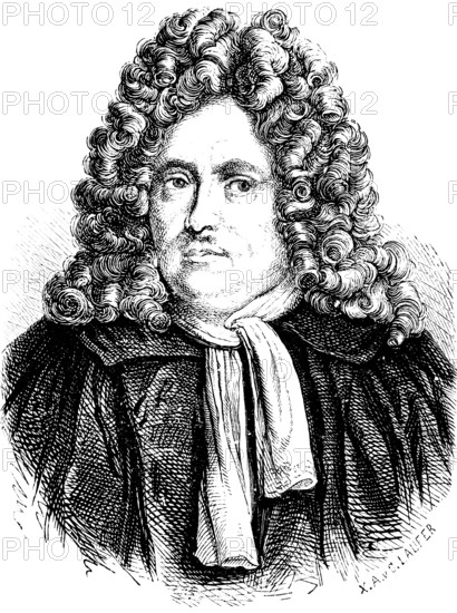 Portrait of Christian Thomasius, scholar at the court of Frederick II, curly wig, neckerchief,