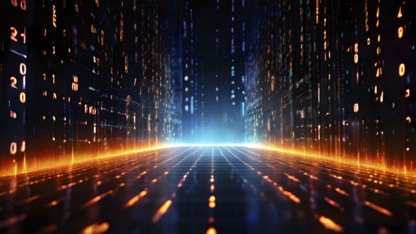 Digital data tunnel streaming with cascading binary code, AI generated