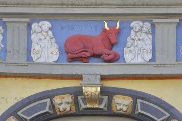 Sculpture relief with red ox figure with golden horns, golden, horns, red, figures, decorations,