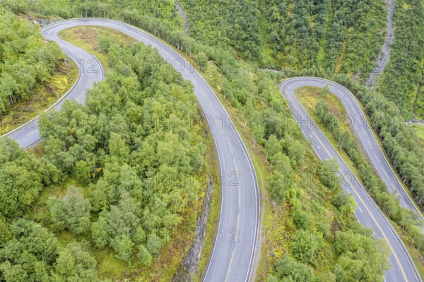 Hairpin curves in valley Hjelledalen east of Stryn, Norway, Europe