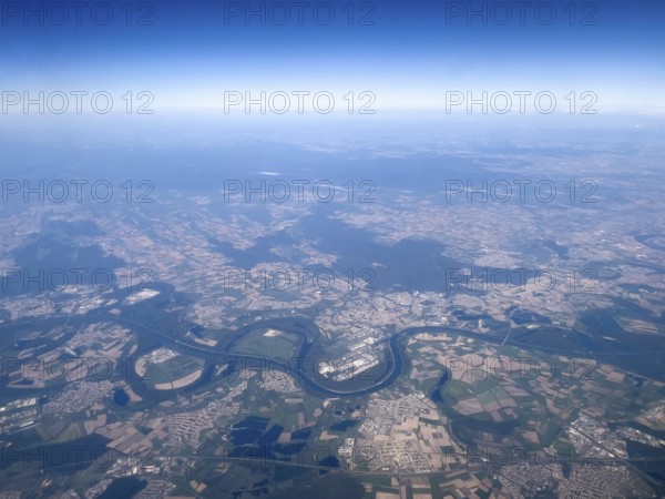 Aerial view from a great height View of the winding Old Rhine and the Rhine straightened for river