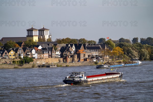 Cargo ships on the Rhine near Rees, Church of the Assumption of the Virgin Mary North