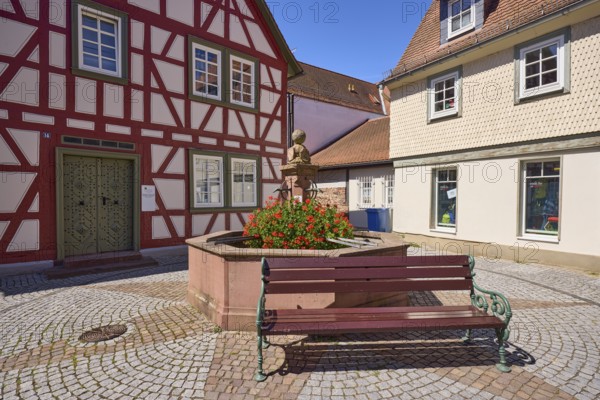 Running fountain with flowering geraniums and bench in Michelstadt, Odenwald, Odenwaldkreis, Hesse,