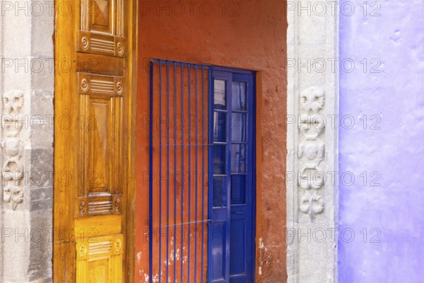 Peru, Colorful colonial houses and streets of Areuipa in historic city center near Plaza de Armas,